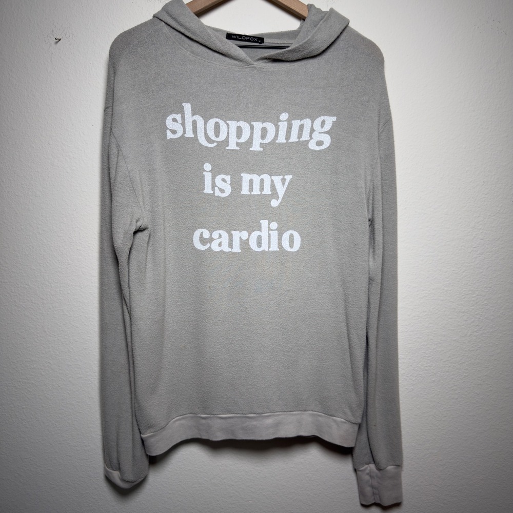 Wildfox Women Hoodie Medium Gray Shopping Is My Cardio Graphic Sweatshirt